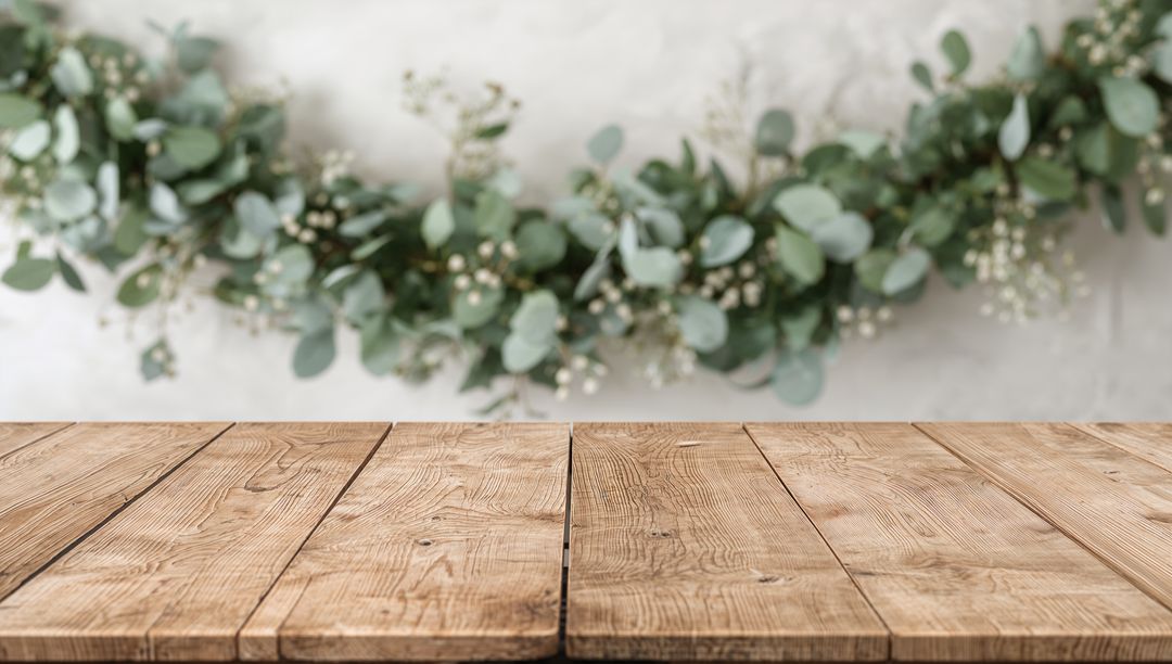 Rustic Wooden Tabletop with Eucalyptus Garland and Baby's Breath Blurred Background for Product Disp
