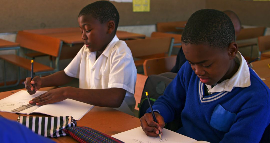 Focused African Boys Drawing in Classroom - Free Images, Stock Photos and Pictures on Pikwizard.com