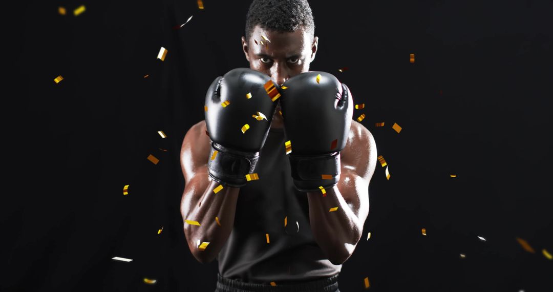 Powerful African American Boxer Amidst Celebratory Confetti