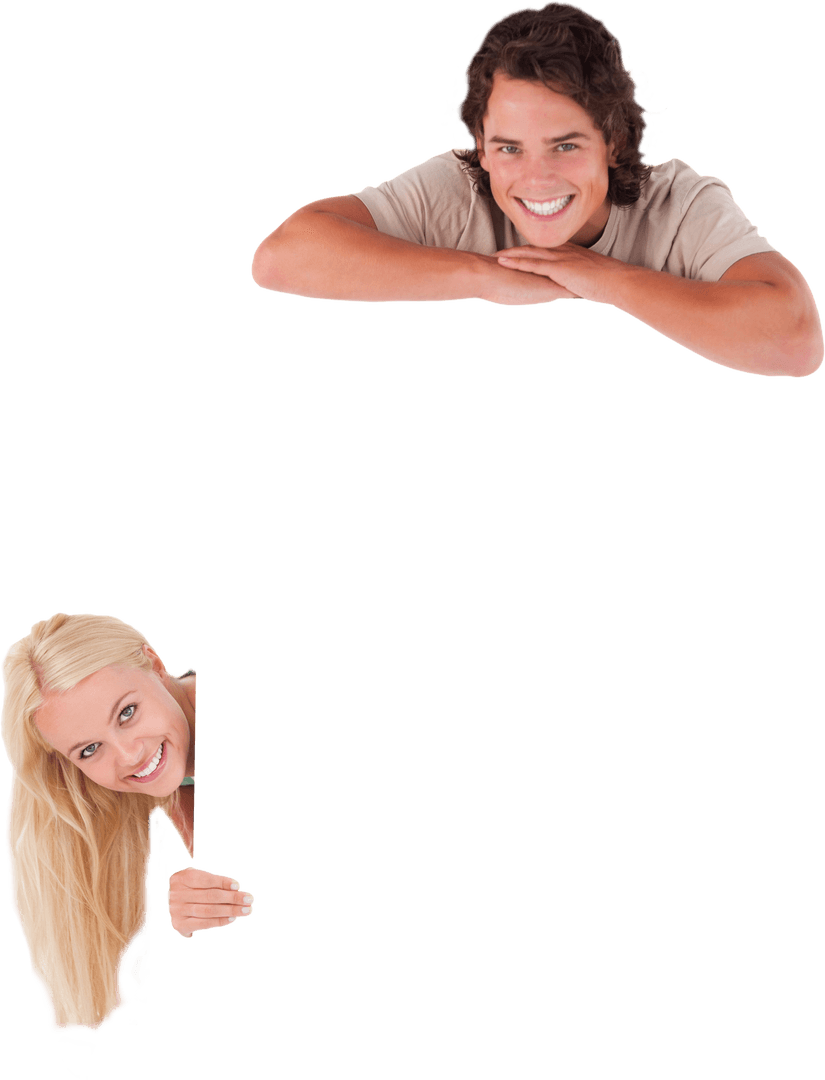 Smiling Couple with Blank Transparent Card Background