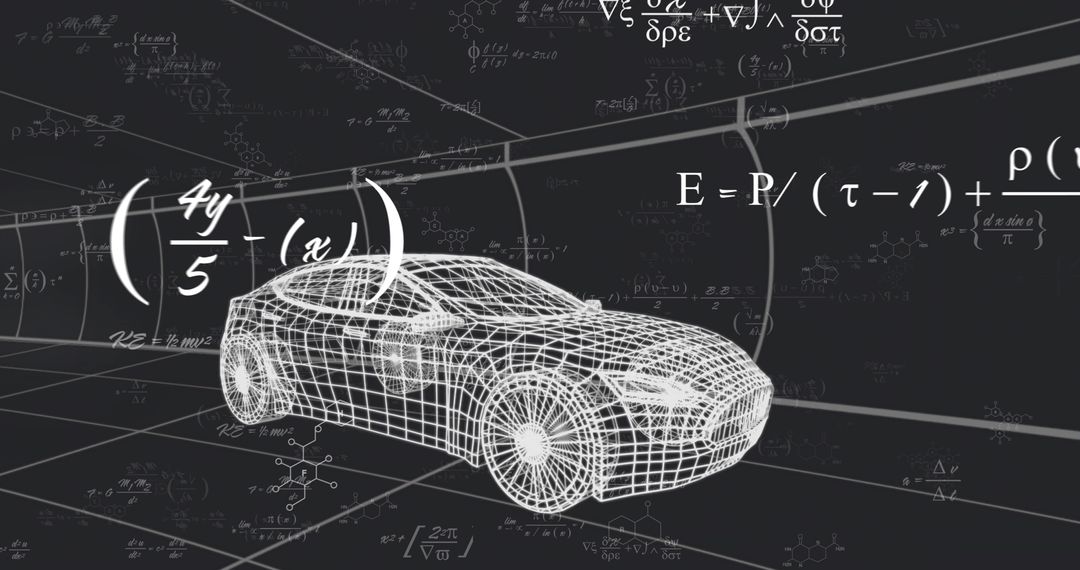 Futuristic Car Design with Wireframe and Scientific Formulas in Motion
