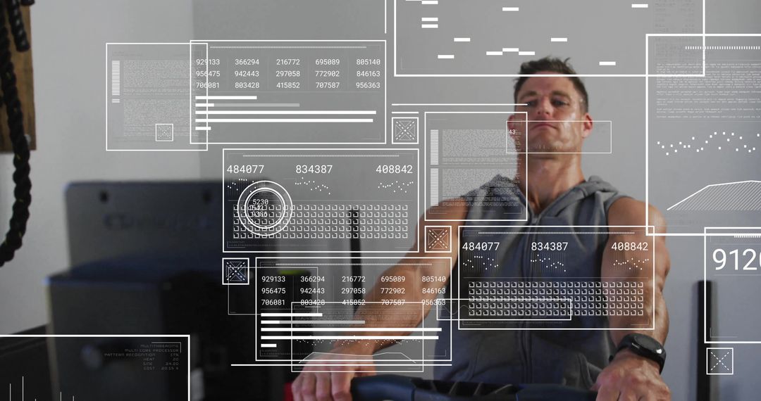 Caucasian Man on Indoor Rower Surrounded by Digital Data