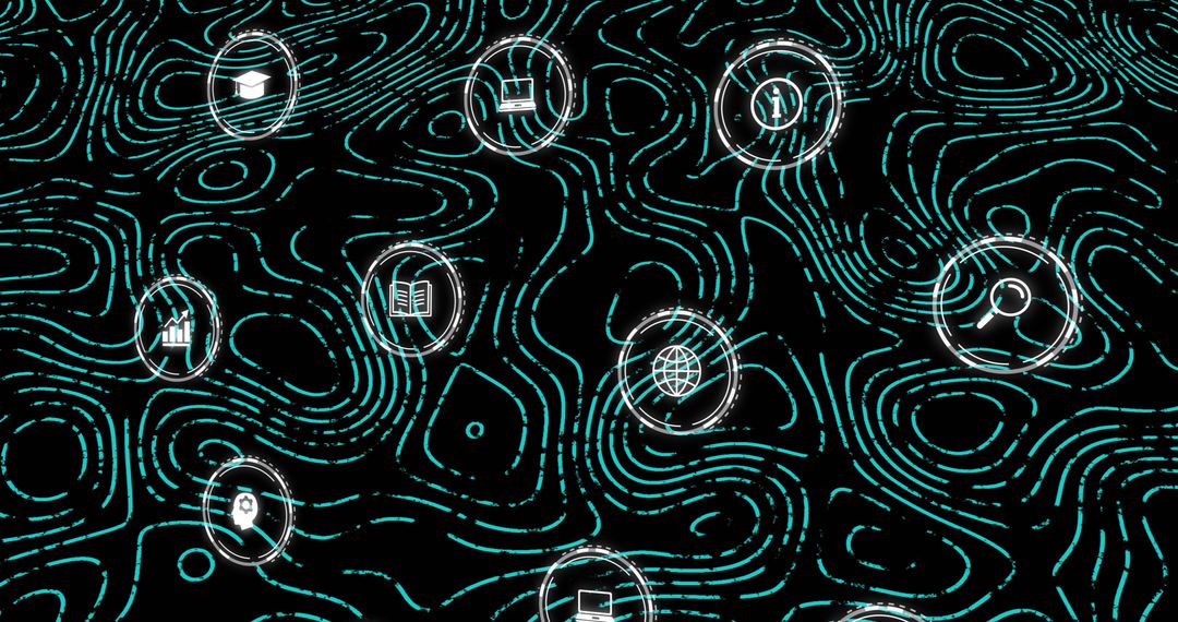 Digital Network Icons on Black Background Representing Global Connectivity