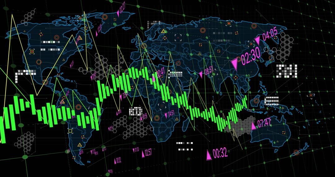 Digital Data Interface Visualization with World Map Background