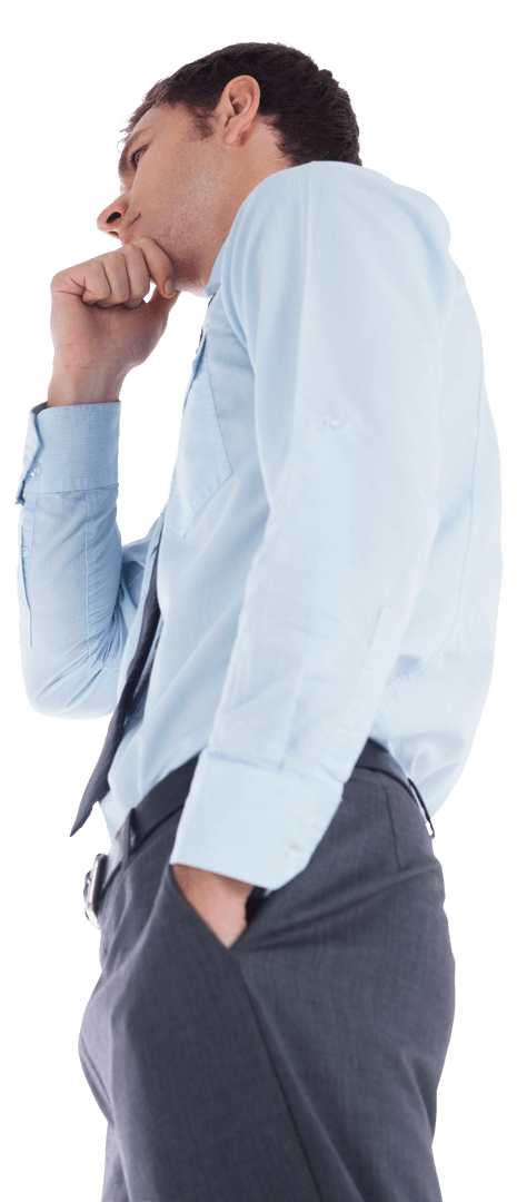 Transparent Businessman Reflecting Hand on Chin Side View