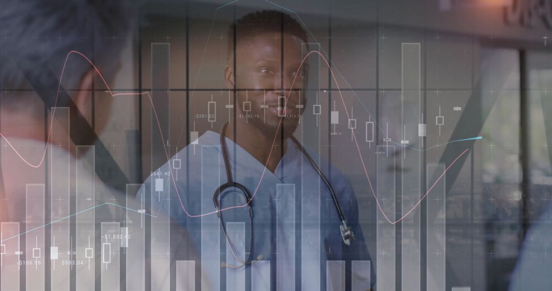 Doctor Reviewing Data with Patient in Hospital Corridor Overlay