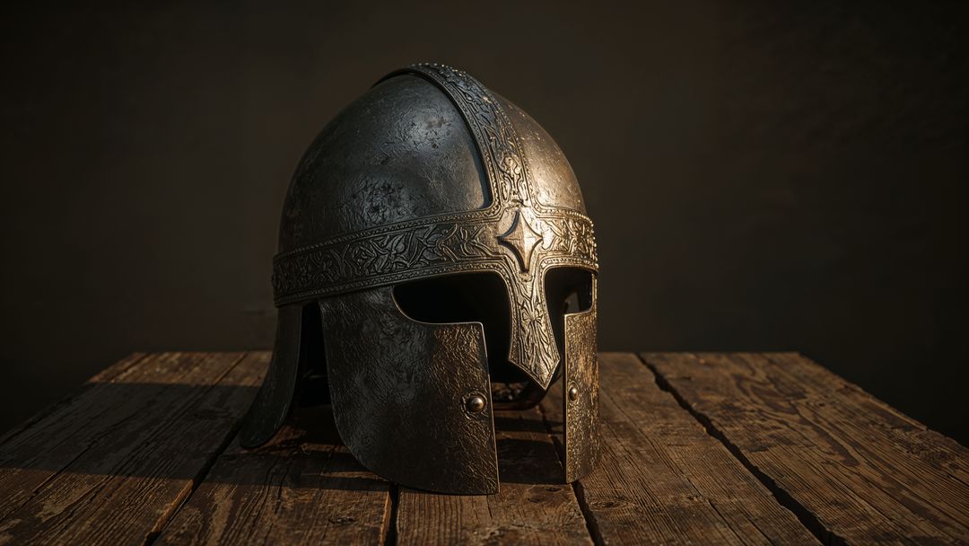 Medieval Steel Helmet with Intricate Engravings on Wooden Table