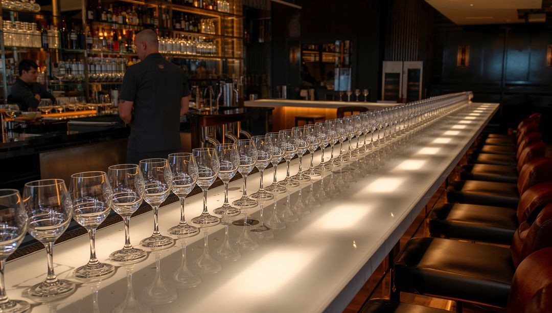 Lining Stemware Along Illuminated Bar Counter Upscale Lounge Reflections Ambient Lighting