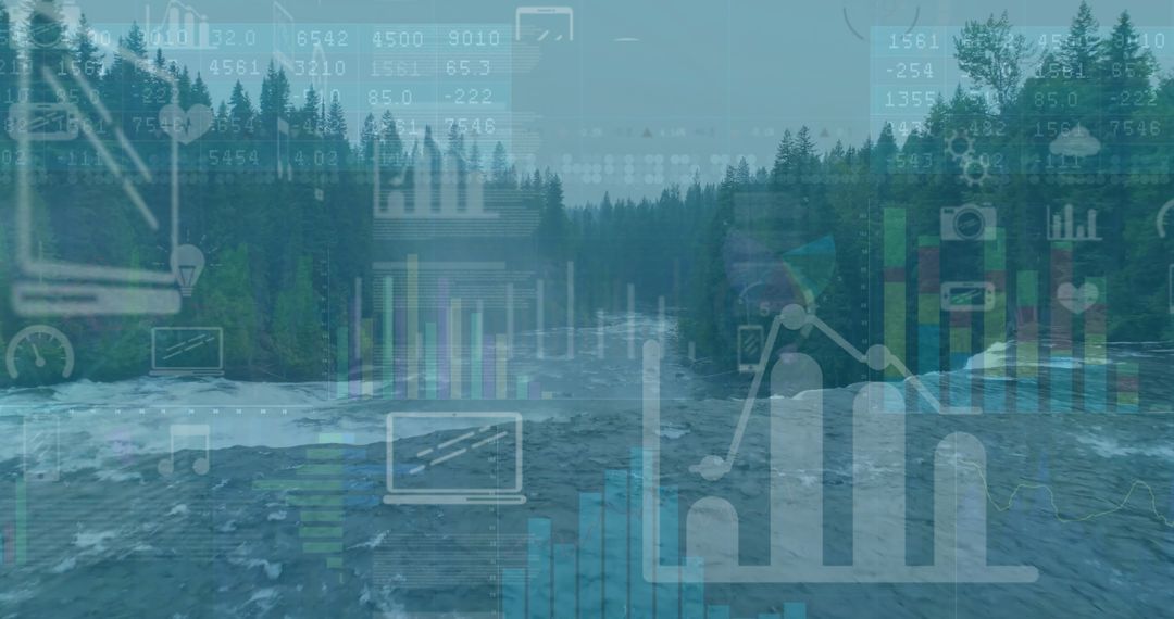 Data Visualization Overlay on Flowing River in Forest Gorge
