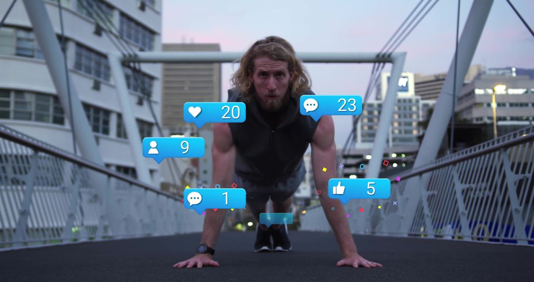 Man Doing Push-Ups With Overlaying Social Media Notifications Outdoor