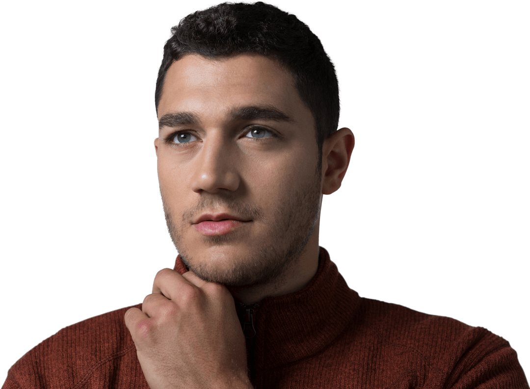 Contemplative Man Looking Up on Transparent Background