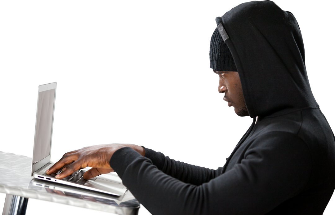 Male Hacker Wearing Black Hoodie Using Laptop on Transparent Background - Download Free Stock Images Pikwizard.com