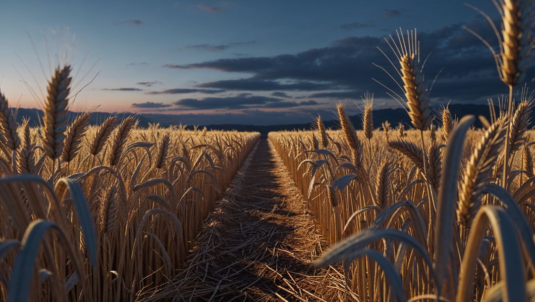 Sunset over Golden Field Lane Amidst Wheat Stalks