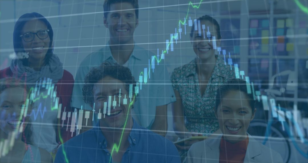 Successful Team with Financial Graph Overlay in Modern Office