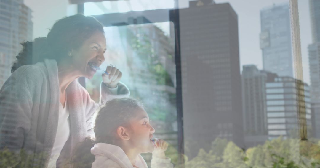 Mother and Daughter Enjoy Morning Routine With City View