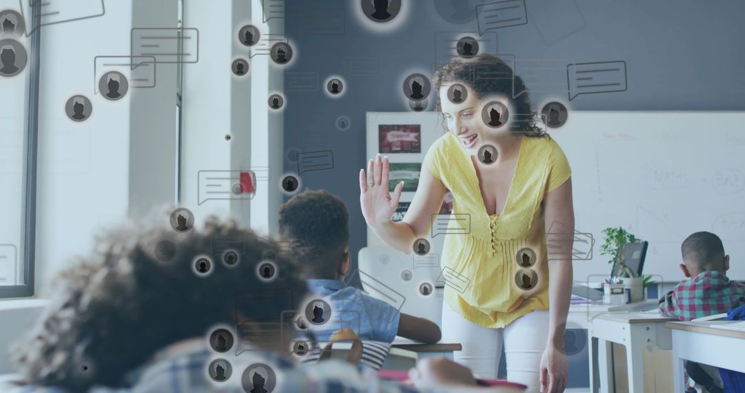 Female teacher greeting elementary students in modern classroom with digital overlays