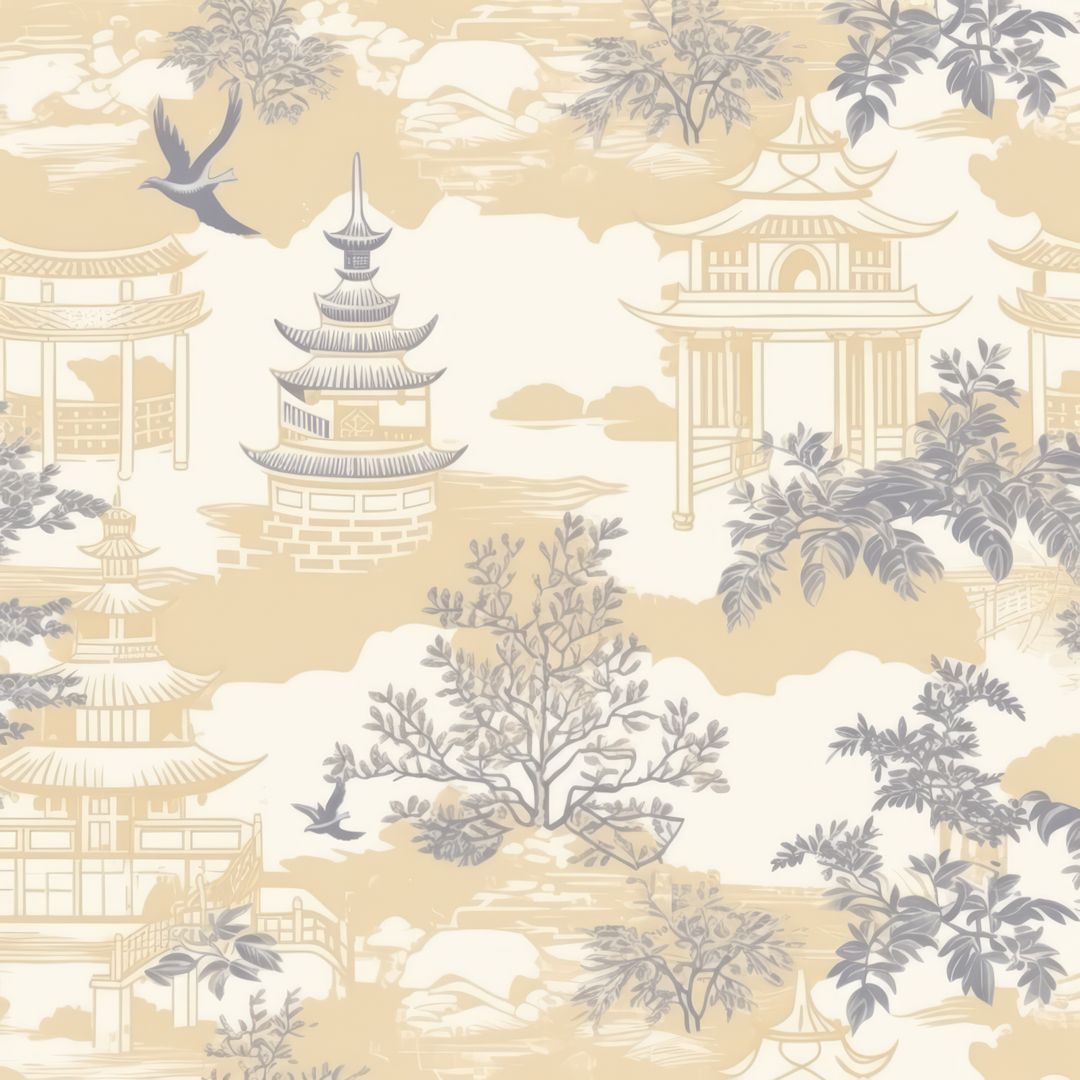 Repeatable pattern of chinoiserie on beige background, created using generative ai technology - Free Images, Stock Photos and Pictures on Pikwizard.com
