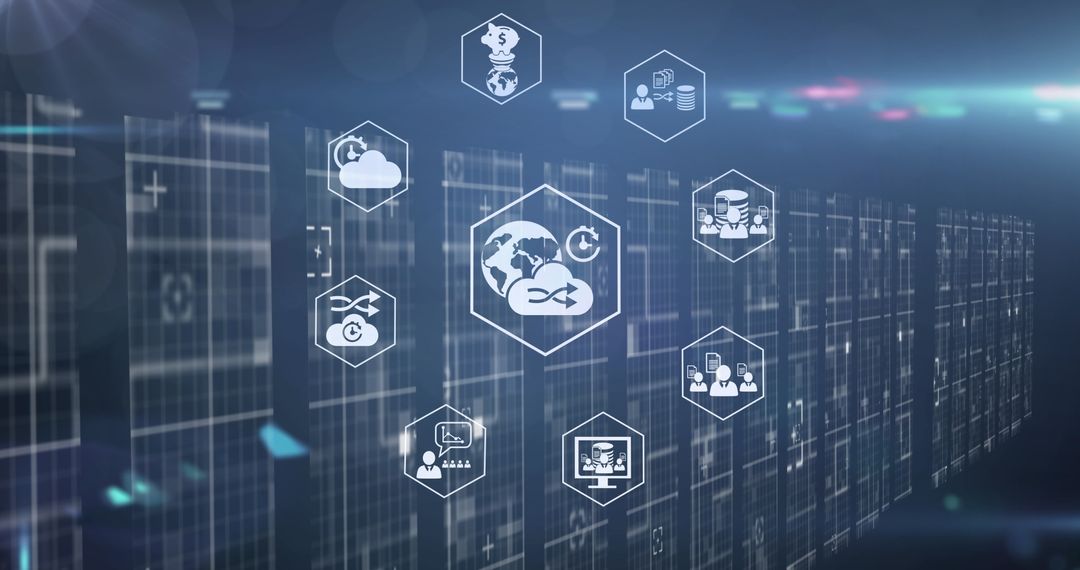 digital icons overlaying data servers highlighting global networking - Free Images, Stock Photos and Pictures on Pikwizard.com