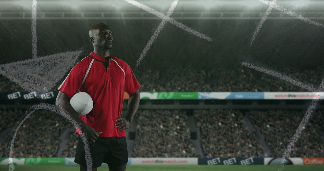 Rugby Player Analyzing Strategy at Stadium