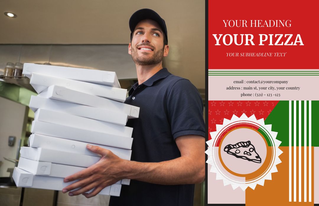 Smiling Delivery Man Carrying Pizza Boxes for Food Service Promotion