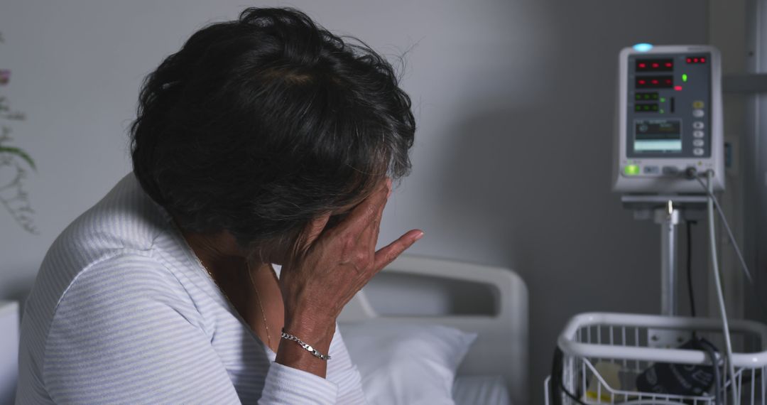 Elderly Woman Crying beside Hospital Bed with Medical Equipment - Free Images, Stock Photos and Pictures on Pikwizard.com