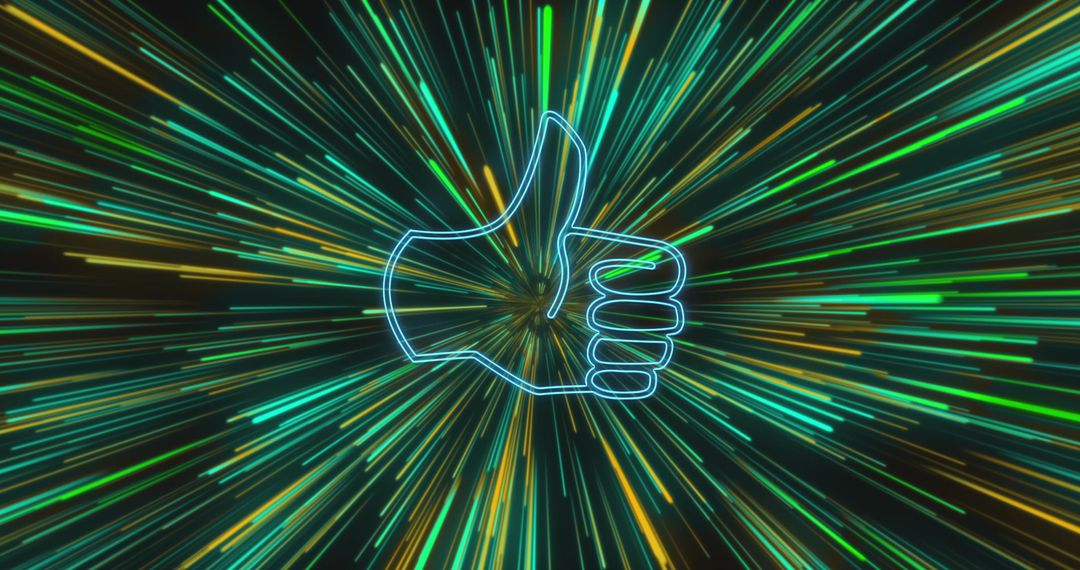 Neon Thumbs Up Icon with Dynamic Light Trails Background