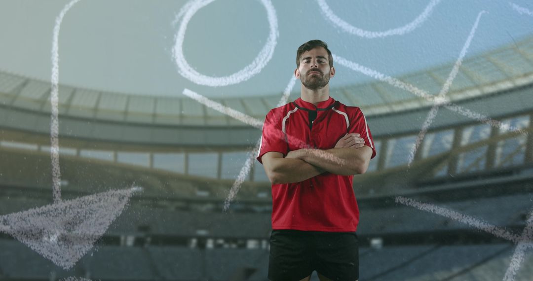 Confident Rugby Player with Strategy Diagram at Stadium