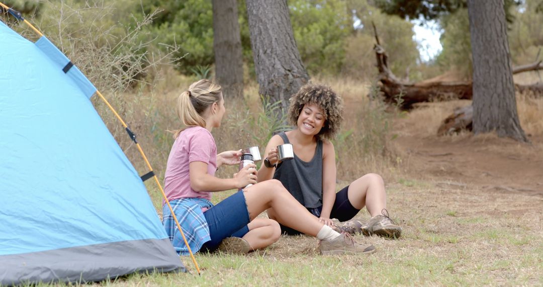 Happy Friends Camping Relaxing in Nature with Coffee