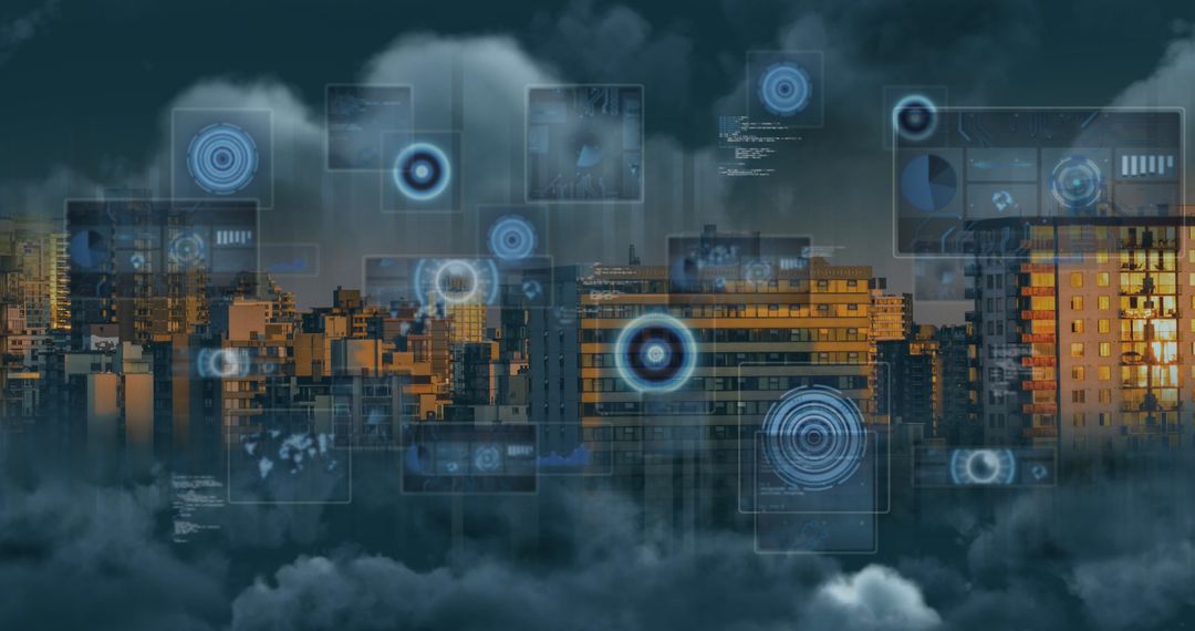 Digital Data Overlay with Urban Cityscape at Night
