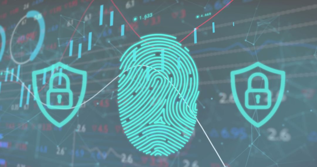 Digital Fingerprint and Security Icons Overlaying Stock Market Data