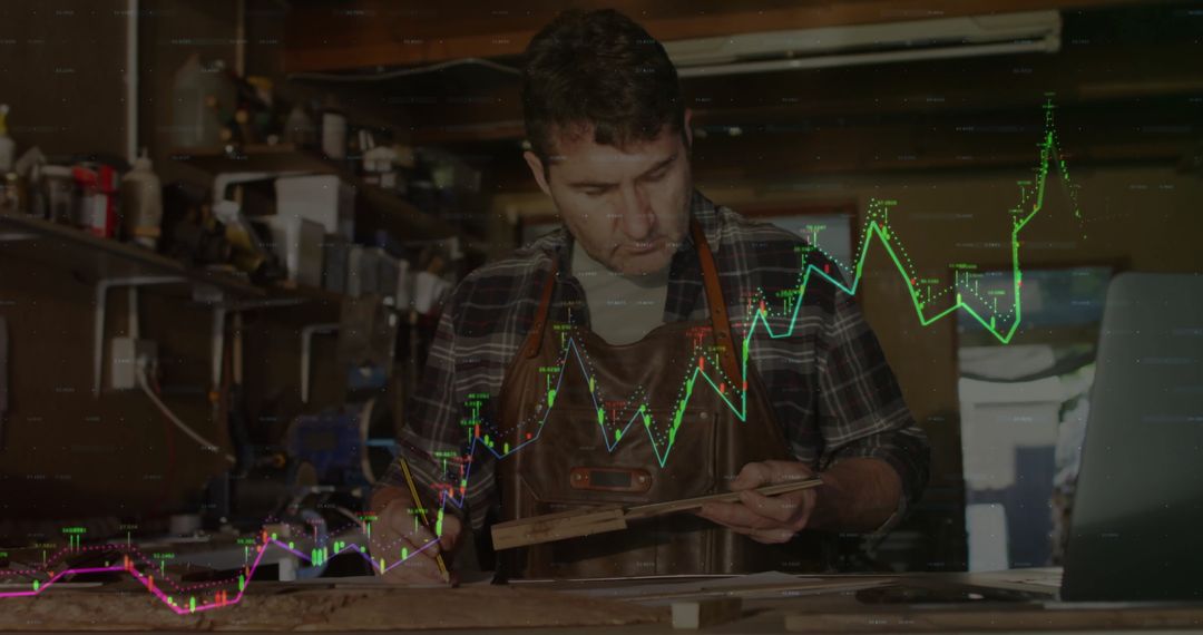 Craftsman Woodworking With Stock Chart Overlay Symbolizing Digital Integration