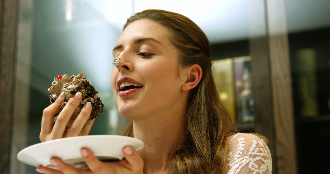 Woman smiling with culinary creation on dessert plate - Free Images, Stock Photos and Pictures on Pikwizard.com