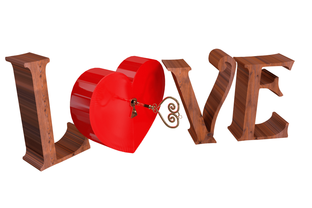 Love Typography with Heart Lock and Key on Transparent Background