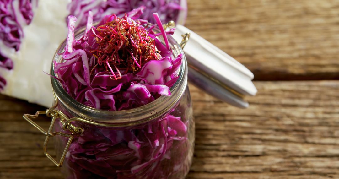 Pickled Red Cabbage with Saffron in Glass Jar on Wooden Table - Free Images, Stock Photos and Pictures on Pikwizard.com