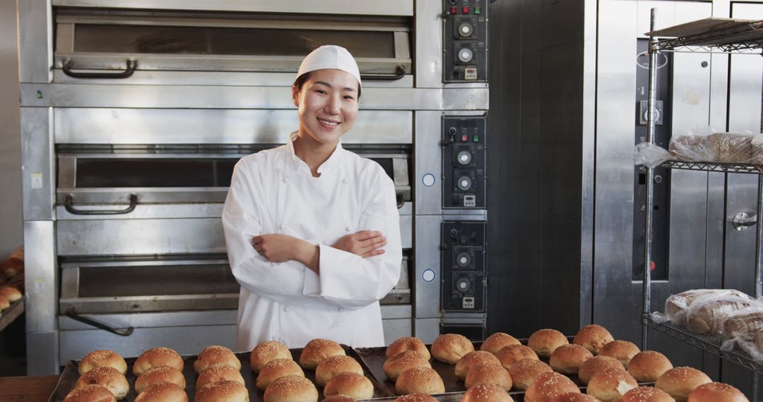 Smiling Baker with Freshly Baked Bread in Commercial Kitchen - Free Images, Stock Photos and Pictures on Pikwizard.com