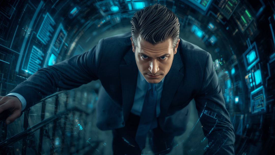 Businessman Climbing Staircase in Futuristic Data Tunnel