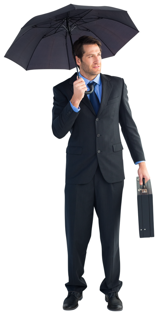 Transparent Businessman Under Umbrella Holding Briefcase Looking Upward - Download Free Stock Images Pikwizard.com