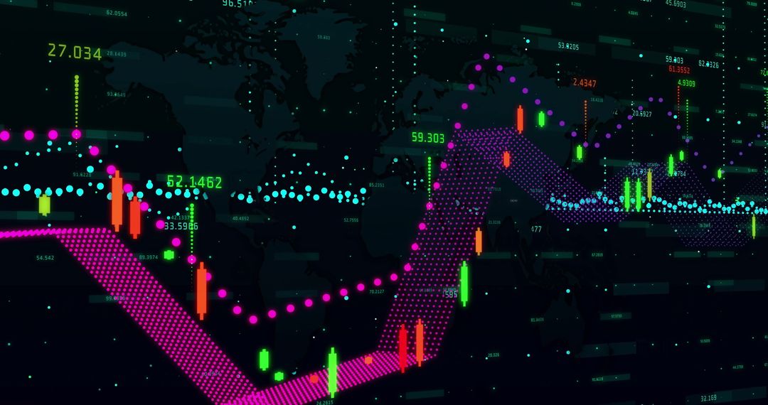 Digital Global Financial Data Visualization with World Map Overlay