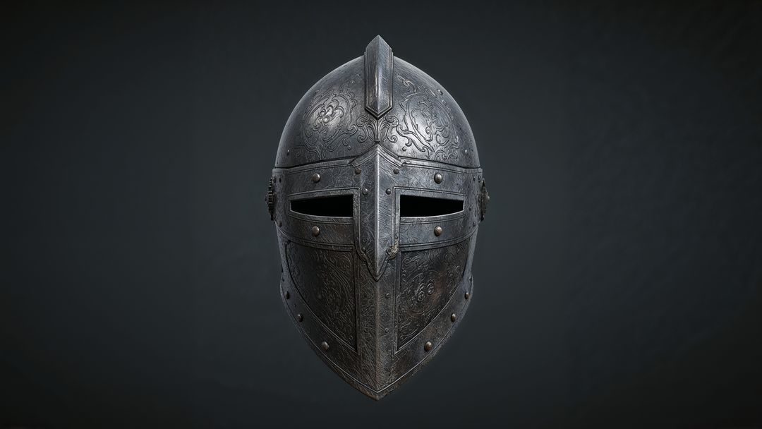 Intricately engraved medieval knight steel helmet with narrow visor