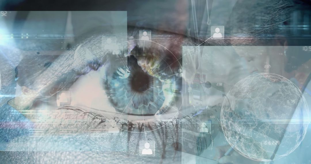 Eye with Digital World Mapping and Healthcare Interface Overlay