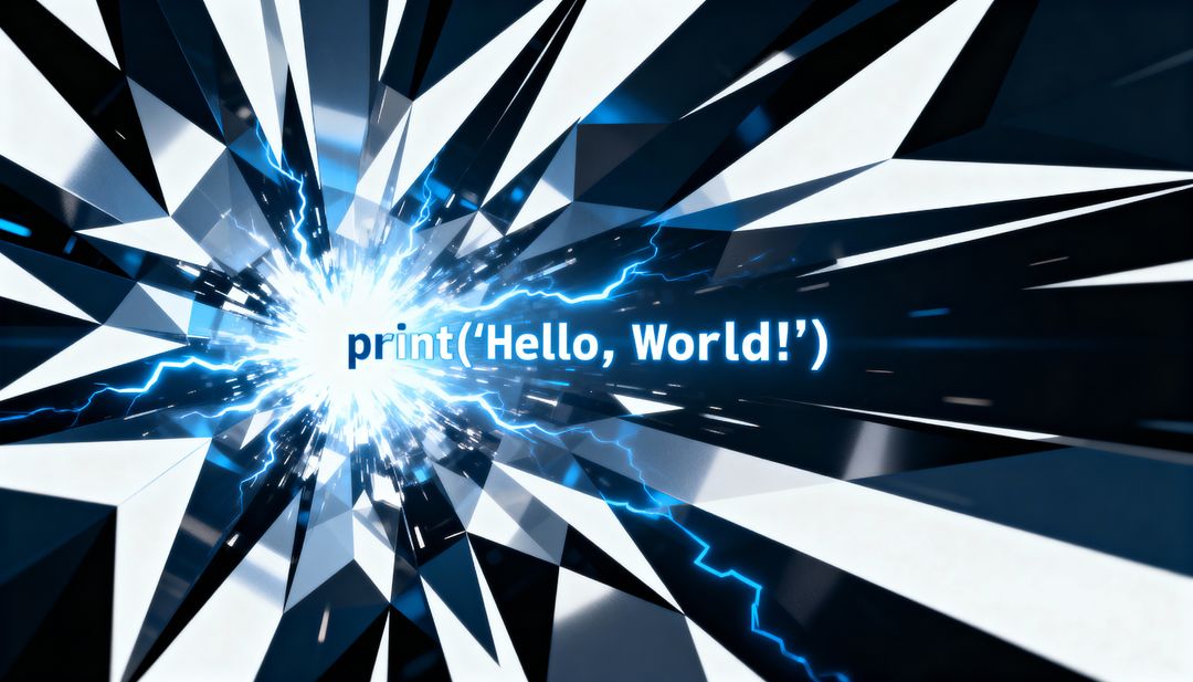 Radiating Neon-Cyan Energy Burst Shattering Faceted Glass with print('Hello, World!') Code
