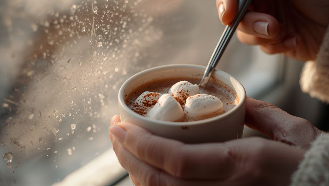 Cozy Mug of Hot Chocolate with Marshmallows by Frosted Window