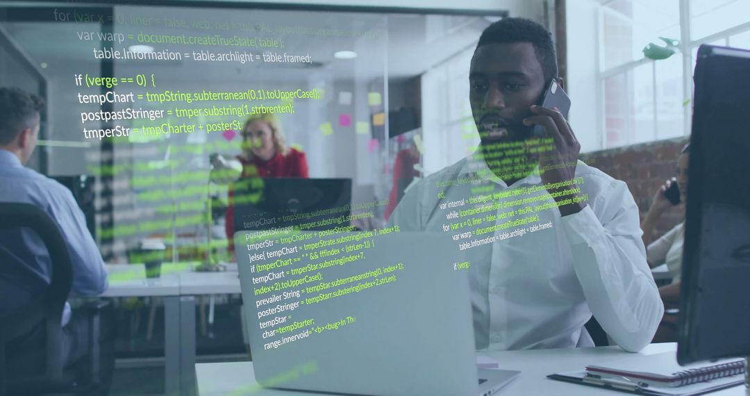 Businessman on Phone with Digital Data Overlay