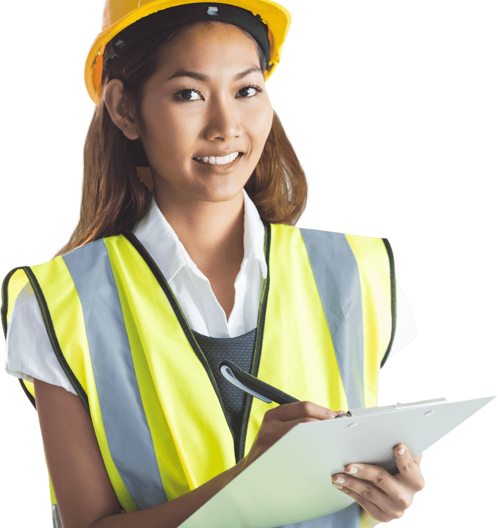 Transparent Smiling Young Female Architect Holding Clipboard