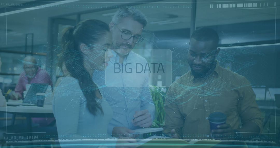 Trio Collaborating in Modern Office with Big Data Hologram