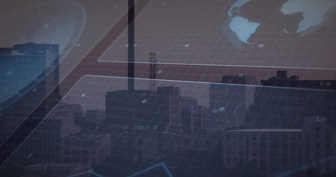 Futuristic City Skyline with Tech Overlay and Global Data Elements