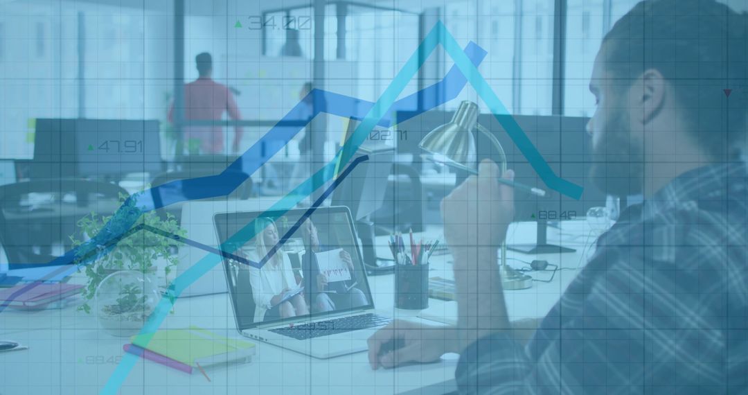 Modern Office Meeting Through Laptop with Hybrid Graph Overlay