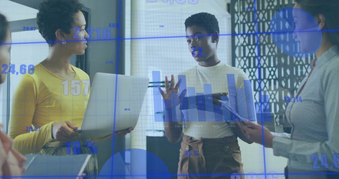 Diverse Business Team Brainstorming with Data Visualizations Overlay