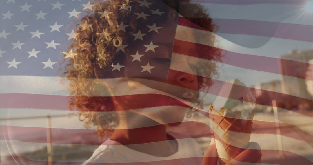 Child Enjoying Ice Cream with American Flag Overlay