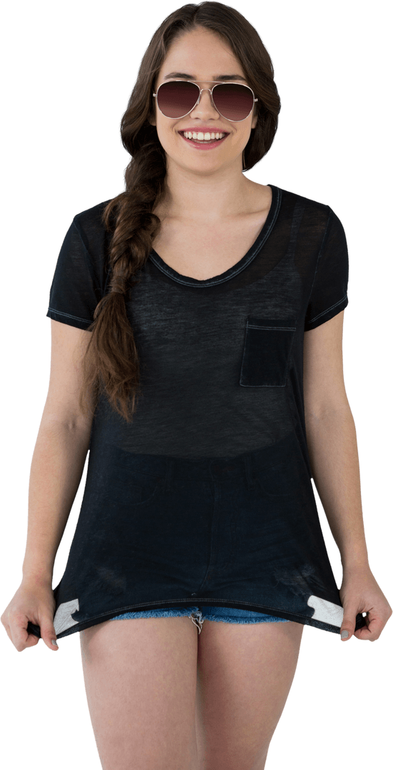 Confident Woman in Transparent Top with Sunglasses and Denim Shorts